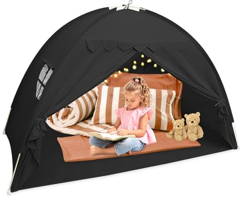 KEGAJEGA Kinder Bettzelt 196x98x125cm Kinderzelt mit Fenstern Bett Baldachin Zelt Vielseitig Robust Groß Spielzelt Kinder für Bett Schlafzimmer Kinderzimmer Drinnen Draußen (schwarz)