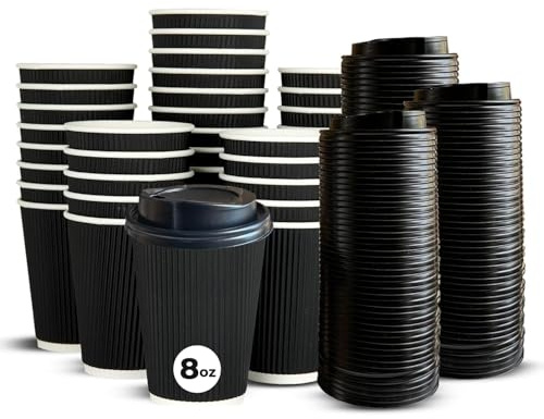 ECONX 100 X 8oz Ripple Disposable Coffee Cups with Lids Black Insulated Triple Wall Kraft Paper Coffee Cups for Takeaway Coffee, Tea or Hot and Cold Drinks for Cafes Offices Events or Parties