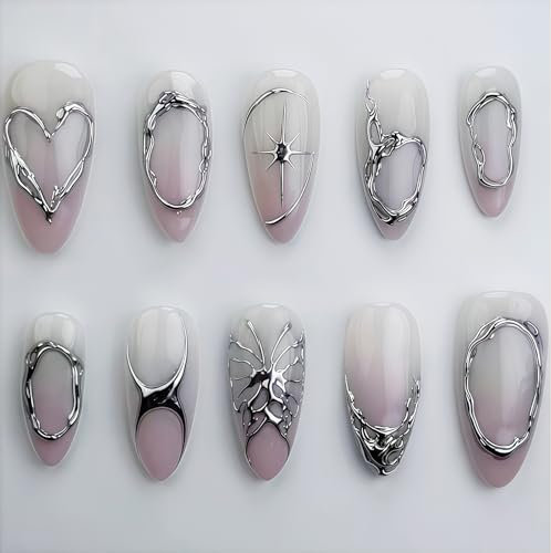 Shimmerz 24 Piece Summer Stickers Nails Short Almond Pink Gradient Silver Watanabe False Nails Stickers Silver French Nail Tip Acrylic Nail