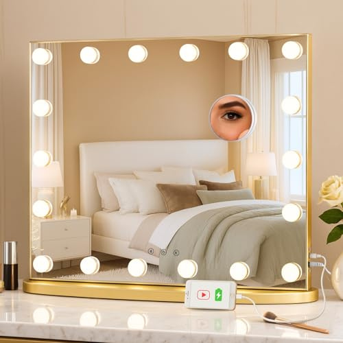 LUXFURNI Hollywood‑Schminkspiegel mit LED‑Licht, 60 × 52 cm | 18 LED‑Leuchten, 360° schattenfreie Beleuchtung, 3 Lichtmodi,USB‑Laden, Tisch‑& Wandmontage für Schlaf‑& Schreibtische