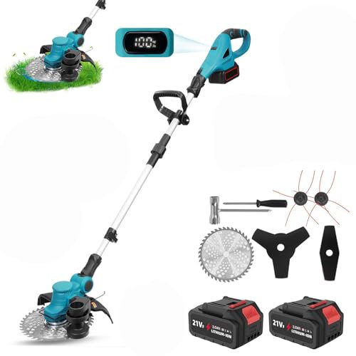 Desbrozadora eléctrica inalámbrica para Makita 18 V, 9 pulgadas desbrozadora de césped plegable con 4 tipos de cuchillas, ajustable a 90 °, desbrozadora de batería para jardín (2 baterías)