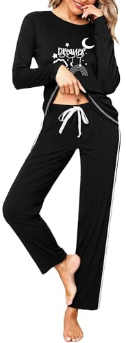 Terecey Schlafanzug Damen Lang Pyjama Set Rundhals Baumwolle Zweiteiliger | Seitentaschen, Elastischem Bund Kordelzug, Locker, Komfort Weich Atmungsaktiv, Mond Sterne Print, für Freizeit Loungewear