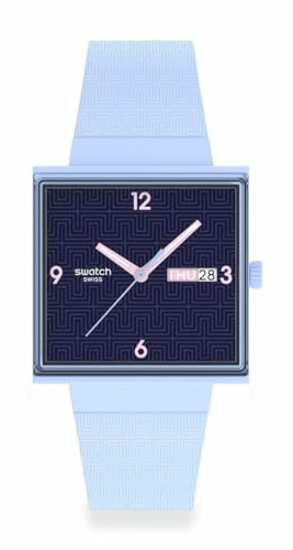 Swatch Montre carrée avec Bioceramic, cadran bleu foncé, bracelet bleu clair, affichage de la date