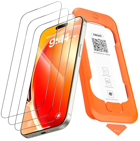 NEW'C Verre Trempé pour iPhone 15 Pro Max, Protection Écran, Outil Auto | Outil d'installation automatique inclus, Lot de 3, Transparent, Dureté 9H, Anti-rayures, Sans bulles, Tactile précis
