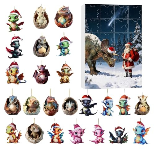 Drache-Adventskalender 2025, 2D Acryl Drachenbaby Ornamente Weihnachts Countdown Kalender mit 24 süßen Drache Anhänger für Weihnachtsbaumschmuck Auto, Rückspiegel oder Heimdekoration