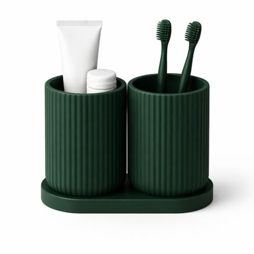 Bathora® Doppel-Zahnbürstenhalter aus 3D-Druck – Minimalistischer Zahnputzbecher mit 2 getrennten Fächern, Hygienischer Bad Organizer, Stabil & Leicht zu Reinigen – Für Bad & Gäste-WC (Grün)