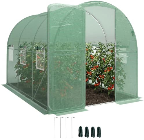 Outsunny Gewächshaus 3 x 2 x 2 m Foliengewächshaus mit Anschlag-Tür Grün | Abschließbar, 6 Rollbar Netzfenster, Stützstangen, Verlängerte Kanten, UV-beständig Folientunnel, Winterfest Tomatenhaus