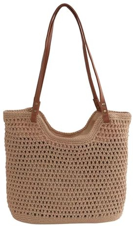 I IHAYNER Boho Stroh-Strandtasche für Damen, groß, gehäkelt, gewebt, Schultertasche mit Reißverschluss, Sommerurlaub, Reisen, Strandhandtasche für Strand, Einkaufen, Picknick, Khaki