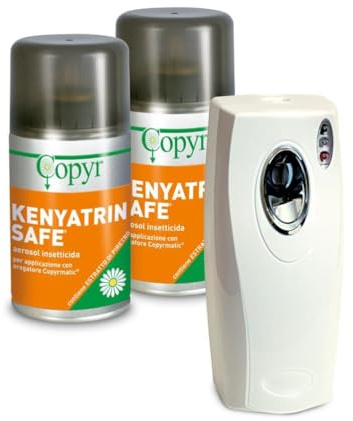 Copyr Kenyatrin Safe e Copyrmatic Evolution Night & Day - Insetticida Antizanzare, Mosche e Insetti Volanti, 2 Bombole 250ml + Erogatore Automatico, Piretro Insetticida Biologico e Repellente Zanzare