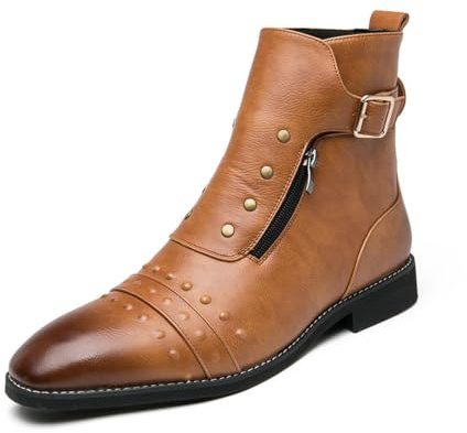 Stivaletti Uomo in Pelle con Borchie e Fibbia, Eleganti Scarpe da Uomo | Stivaletti Uomo Moda Pelle Punta Affusolata Scarpe Eleganti Cerniera Laterale Fibbia con Borchie Design Casual Business
