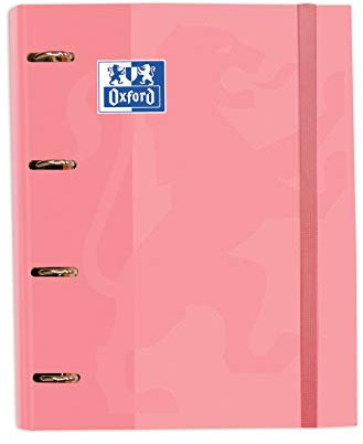 Oxford, Classeur 4 anneaux A4+ couverture extra rigide avec élastique, recharge quadrillée 5 x 5 avec 5 bandes de couleur. Couleur rose chewing-gum