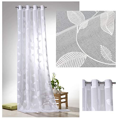 heimtexland ® Ösenschal Natural Chic in Weiß Vorhang Transparent Leinen Optik Allover Bestickt Blätter Ranke HxB 245x140 cm Gardine Typ565