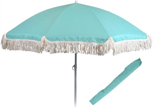 zeitzone Sonnenschirm BALI Türkis mit Fransen UV Schutz Knickbar Erdspieß Ø 160cm