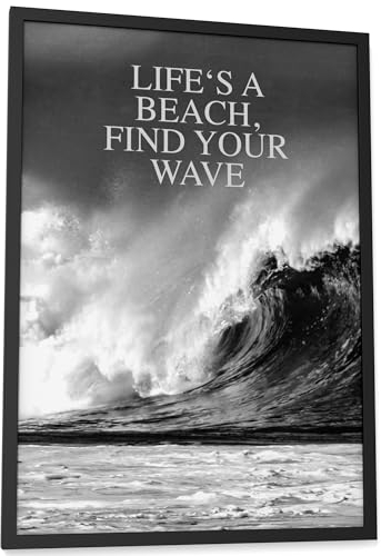 Papierschmiede® Bilder Home Kunstdruck mit Rahmen A3 (30x42 cm) Spruch Poster Zuhause Schrift Bild Wanddeko in schwarz weiß, Sprüche für Wohnzimmer Büro Küche, Life's a beach - find your wave