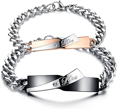 Kim Johanson Edelstahl Pärchen Armbänder *Love* für verliebte Schwarz & Roségold mit Cubic Zirkonia Steinchen besetzt inkl. Schmuckbeutel