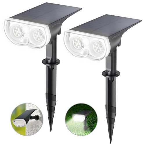 Linkind LED Solarlampen für Balkon, 6500K Tageslichtweiß Solarleuchte Licht-Sensorik Gartenstrahler, IP65 Wasserdicht Außenwandleuchte 800LM Solar Strahler für Palmen, Hauswand, StarRay Serie, 2 Stück