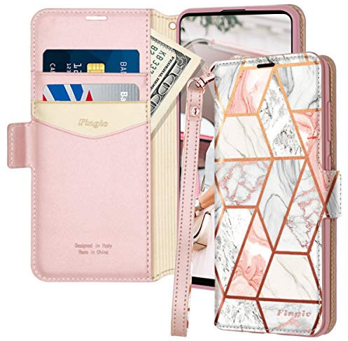 Fingic Samsung A21S Phone Case, Wallet Marble with 2 Card Holder Magnetic Closure TPU Rugged Bumper Kickstand PU Leather Flip Cover for Samsung Galaxy A21S, 6.5 Rose Gold