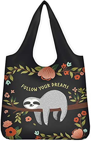 Pizding Wiederverwendbare, faltbare große Einkaufstaschen, leicht in befestigter Tasche, Motiv: Follow You Dream Faultier-Aufdruck, Aufbewahrungsbeutel für Einkäufe, Kleidung, Gemüse