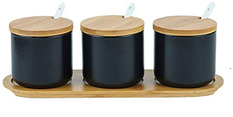 OnePine 3er Set Keramik Gewürzdosen Salztopf Keramik Zuckerdose Gewürzgläser mit Löffel und Bambus Deckel für Tee Zucker Salz Gewürze
