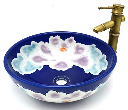 Vintage Kasbah Blumenmuster Blau Lotus Handbemalt skulpturiert Vintage Badezimmer Garderobe Runde Keramik Aufsatzwaschbecken Waschschale Handgemachte marokkanisches Gefäß 425 mm