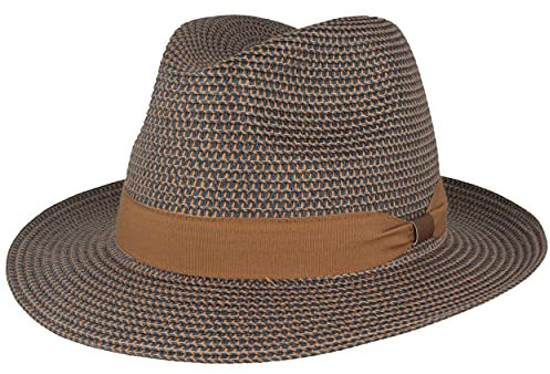 Strohhut Bogarthut Sommerhut Sonnenhut aus 100% Papier knautschbar mit Garnitur Besonders Leicht, Flexibel, Hautfreundlich Bequem blau-beige meliert, XL