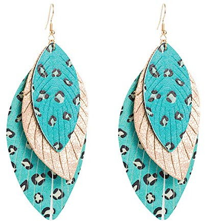 Orecchini a forma di foglia in pelle a strati Boho per donne e ragazze vintage con stampa leopardata lunga e grande estate con gancio a perno leggero, stile bohémien, Metallo, Nuovo
