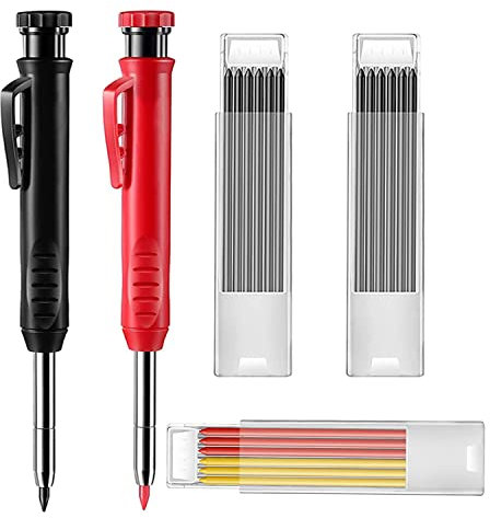 Lot de 2 crayons de charpentier solides avec 20 recharges en bonus, ensemble de marqueurs à trou profond intégré, outil de marquage pour menuisier, architecte (noir, rouge)