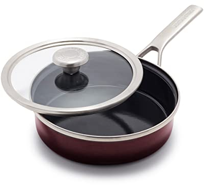Merten & Storck Europäisch gefertigtes Stahlkern, emailliertes Kochgeschirr, 1,9QT Sautepfanne, Jumbo-Herd mit Deckel, Induktion, PFAS und PTFE-frei, spülmaschinenfest, ofen- und grillfest, Merlot Rot