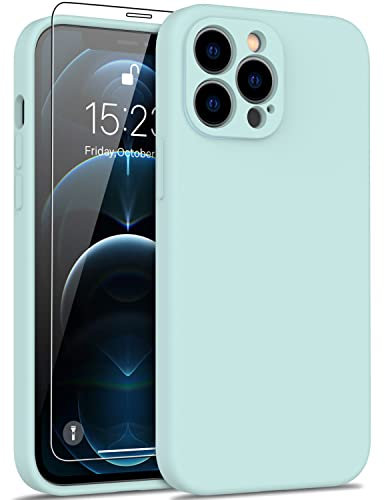 DEENAKIN Compatible with iPhone 12 Pro Max Silicone Case with Screen Protector,Enhanced Camera Protection,Soft Slim Fit Shockproof Protective Phone Cover 6.7 for Women Girls,Mint Green