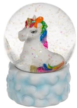 Dekohelden24 Bola de Purpurina de Unicornio con Melena Colorida sobre Base Azul Claro, decoración de Nubes, Dimensiones (Alto x diámetro): 8 x 6,5 cm Aprox