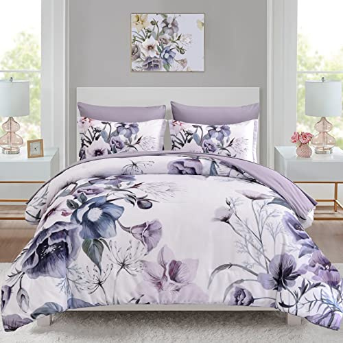 Luxudecor Floral Comforter Set Queen Size 7 Piece, Purple Flower Bed in a Bag, Elegant Floral Comforter with Sheet Set, Soft Microfiber Bedding Set for All Season (Purple, 90x90)