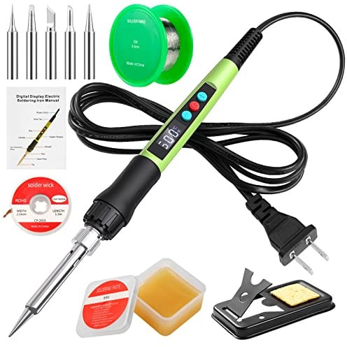 Soldering Iron Kit, 100W LED Digital Solder Gun kits with Ceramic Heater, Adjustable Temperature Welding Tools with Tips, Wick Braid, Stand, Solders Wire, Sponge, Flux Paste