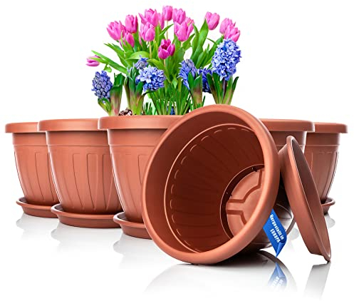 BigDean 6X Blumentopf mit Untersetzer rund ø33xH25 cm Terracotta - wetterfester Pflanzkübel - Wasserablauf UV-beständig aus bruchsicherem Kunststoff - Innen + Außen geeignet - Made in Europe