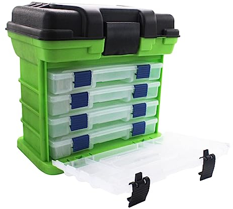 BOKIOESDE Praktische und geräumige 4 lagige Angelausrüstungsbox für Angelbegeisterte. Bolts Angelköder Box, tragbare Werkzeugkisten, Grün, +Blauer Knopf innen