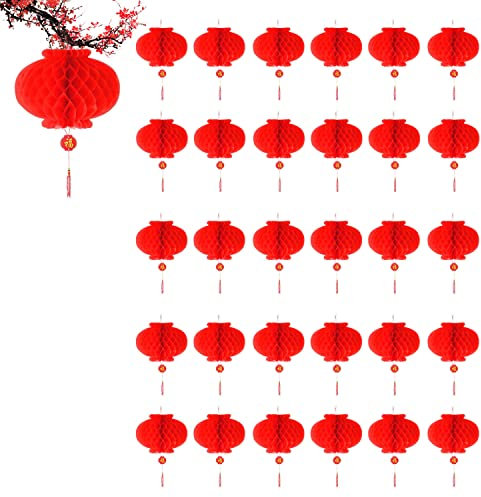 30 Stück Chinesische Laternen Lampions Rot Hängende Laternen Rot Faltbare wasserdichte Rote Papierlaternen Papierlampen für Chinesisches Neujahrsfest Frühlingsfest Party Feier Dekoration