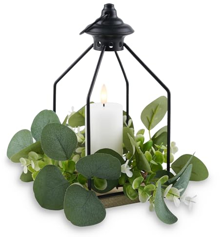 Rhytsing Dekorative Laterne mit Weißer LED Flammenlosem Wachskerzen und Eukalyptusblätter Kerzenkranz für Hochzeit, Batteriebetriebene Metall-Hängeleuchten für Frühlings und Sommer - H25CM