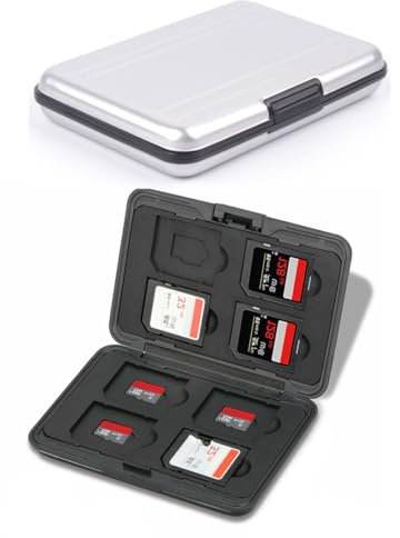 GeeKam Memory Card Carrying Box, Silver Aluminum Shock Resistant SD Card Holder, Compatible with SD, SDHC, MMC, Micro SD, and TF Cards