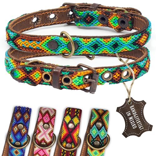 ALTEZAR Hundehalsband Leder - braunes Rindsleder Tribal Grün/Braun/Beiges durchgehend Bestickt - Handgemacht in Mexiko Lederhalsband Hund - Größe XS - für sehr kleine Hunde
