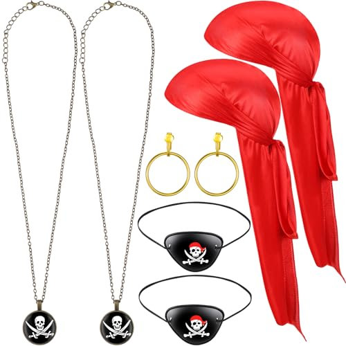 8 Stück Piraten Kostüm Zubehör Erwachsene inklusive Augenklappe Bandana Kopfbinde Schal Halskette Creolen Ohrringe Kostüm für Karneval Halloween Fasching Piraten Cosplay Party (Klassischer Stil)