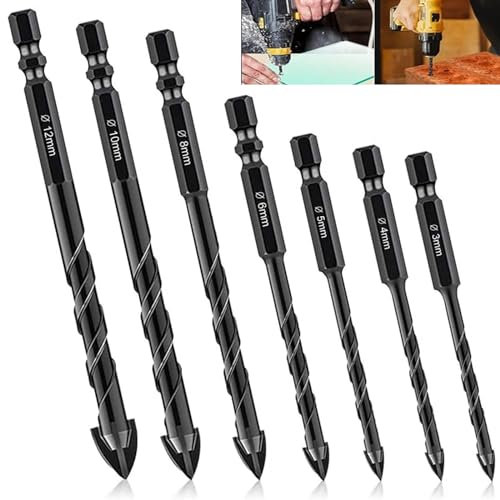 Fliesenbohrer Set, 7Pcs Keramikbohrer mit Sechskantschaft Universalbohrer für Ziegel Metall Ziegel Glas Kunststoff Holz, Ø 3-12mm