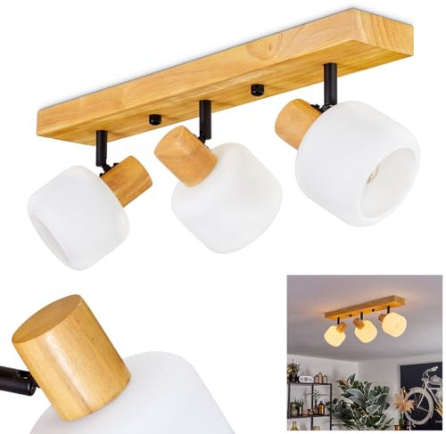 Deckenleuchte Miguas, moderne Deckenlampe aus Holz/Metall/Glas in Naturfarben/Schwarz/Weiß, Leuchte 3-flammig im skandinavischen Design mit verstellbaren Strahlern, 3 x E14, ohne Leuchtmittel