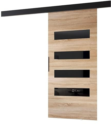 MINIO go for it - Schiebetüren 96 cm, Schiebetür Zimmertür PRIM F, Schiebetürsystem für Zimmer, Dekorative Elemente, Wandmontage, Türe Innen - Schwarz/Schwarzer Griff, Sonoma Eiche/Schwarz