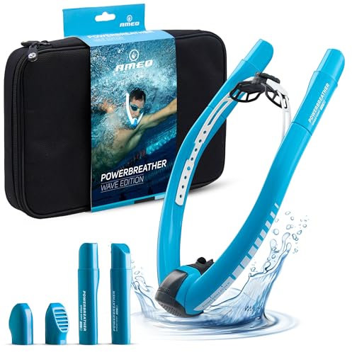 AMEO POWERBREATHER Wave - Atem Trainingsgerät fürs Schwimmbecken und Freiwasser mit 100% Frischluft für Erwachsene und Kinder - Schnorchelset mit intelligentem Ventilsystem und 100% trockener Atemluft
