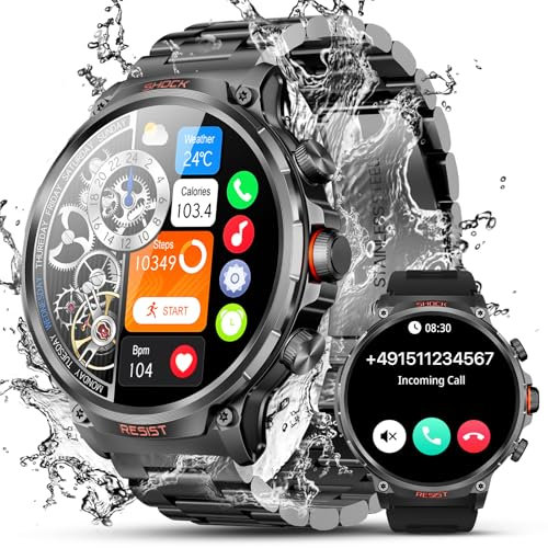 WalkerFit Montre Connectée Homme Militaire: 1,85 HD Montre Sport Homme avec Appel Bluetooth, Batteries 710mah, Montre Connectée Etanche avec Moniteur De Sommeil, Podomètre pour Android iOS
