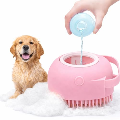 Leo-Paul Badebürste aus weichem Silikon für Hunde – integrierter Shampoospender – Massage und Pflege sanft für kurze und lange Haare (Rosa)