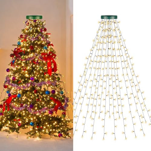 Christmas Tree Lights Indoor and Outdoor, 2m/6.6 ft x 16 Lines, 400LEDs 8 Modes Xmas Lights for Tree Decoration IP44 Waterproof Waterfall, 2700K Warm White