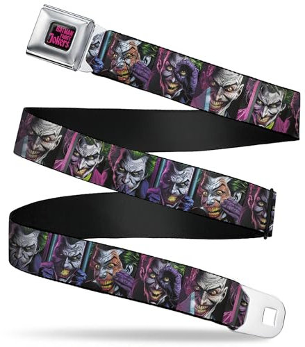 DC Comics Belt, Seatbelt Buckle Belt, Joker Comic Book Cover Face Blocks, Adjustable, Black, 3.81 cm Wide