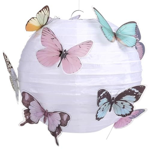 LIHAO 20cm Papier Lampion Lampenschirm mit Schmetterling Rund Laterne Classic Bamboo Style Gerippter Lampenschirm Deko für Party Garten Hochzeit Dekoration(Weiß)