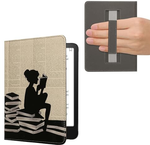 kwmobile Étui Compatible avec Amazon Kindle Paperwhite (2024)/Colorsoft Coque - Étui à Rabat magnétique Tablette eReader Similicuir avec Sangle - Noir-Beige