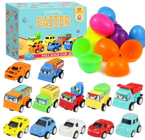 12 Stück Gefüllte Ostereier mit Auto, Spielzeugautos Stadtautos und Lastwagen für Ostereierjagd, Osterkorb Füller, Osterkörbchenfüller Party Mitgebsel, Ostergeschenk für Kinder Jungen Mädchen
